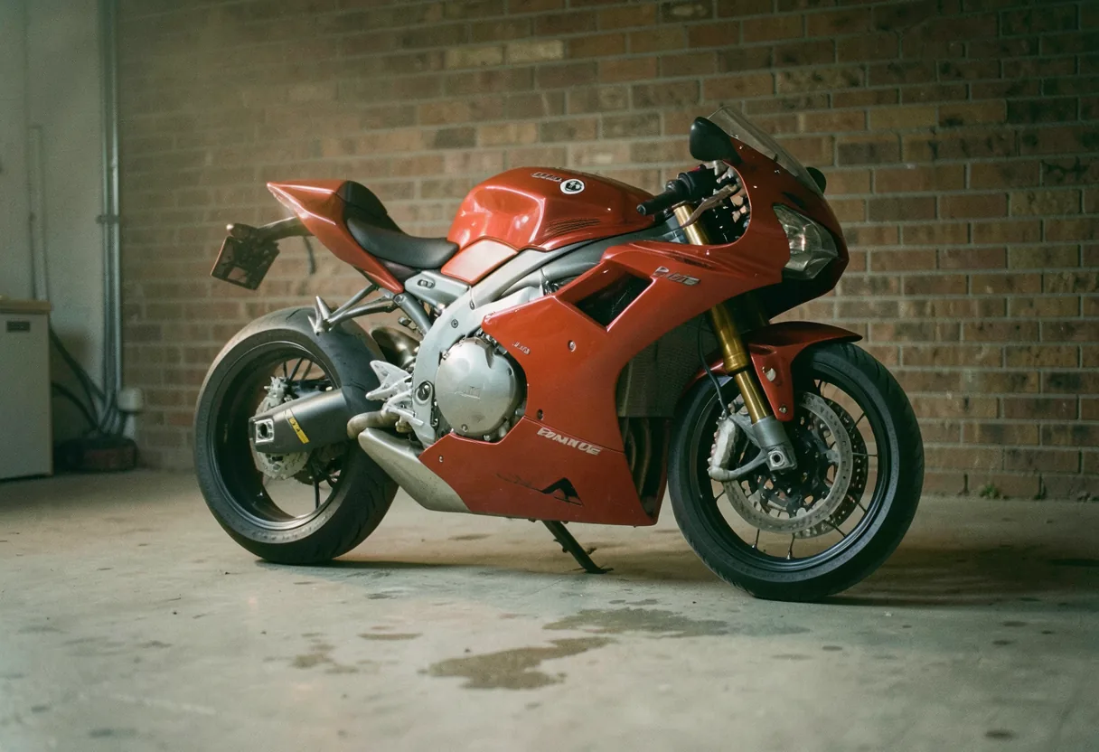 Red Ducati 996 GP Corse R Spec motorcycle, soft lighting, muted background.