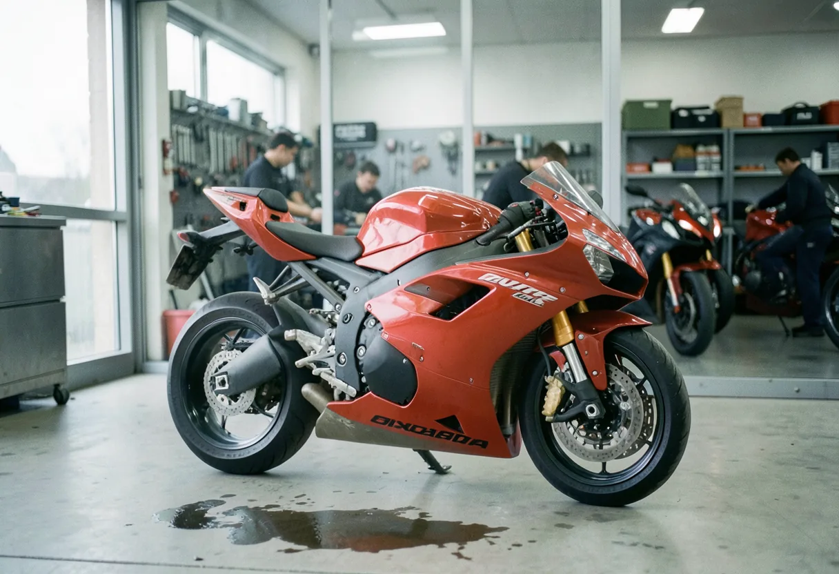 Red Ducati GP Corse R Spec motorcycle in soft, muted lighting, authorized repair and care guide.