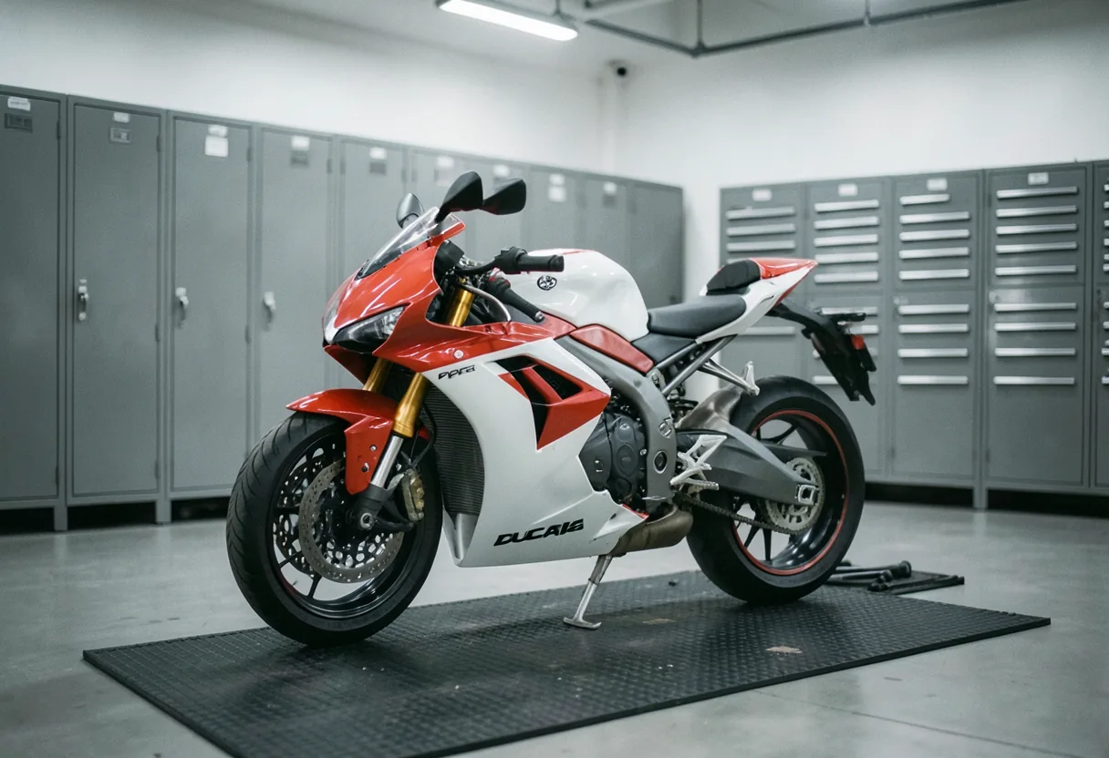 Ducati GP Corse R Spec motorcycle in a service center, muted colors, soft light.