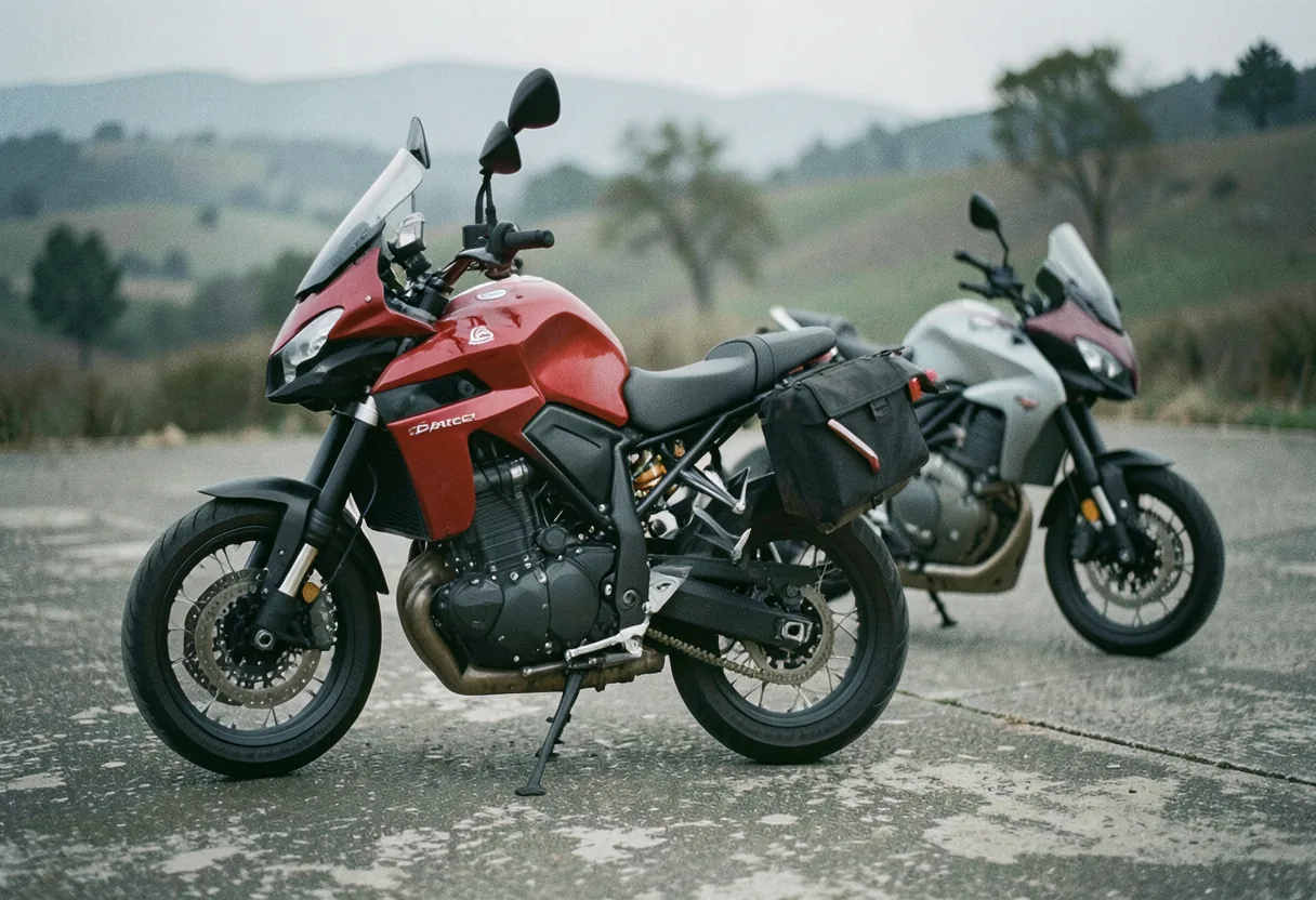 Ducati Multistrada V4 Touring and Sport models parked side by side, muted colors.