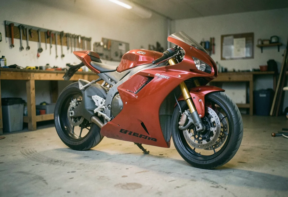 Ducati V4 R Spec motorcycle in dimly lit garage, cost comparison illustration.