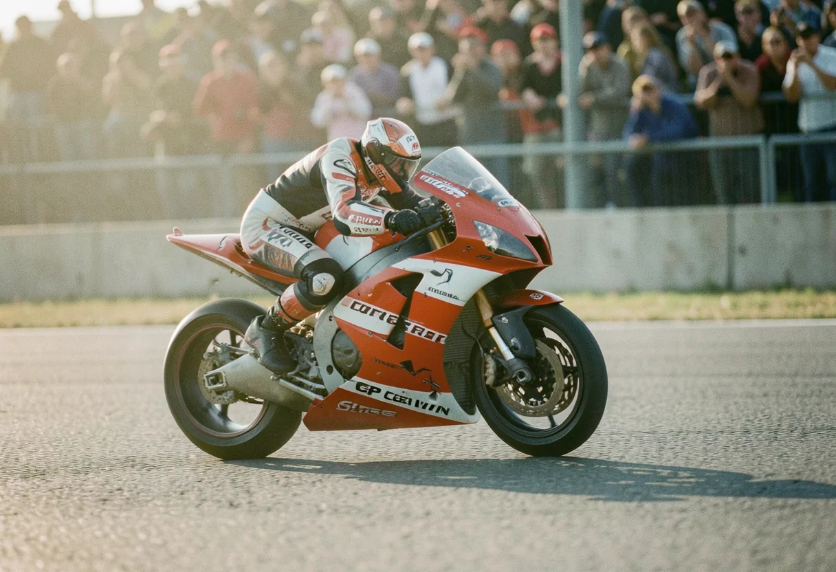 Glenn Irwin leaning into a turn on his superbike, muted colors, action shot.