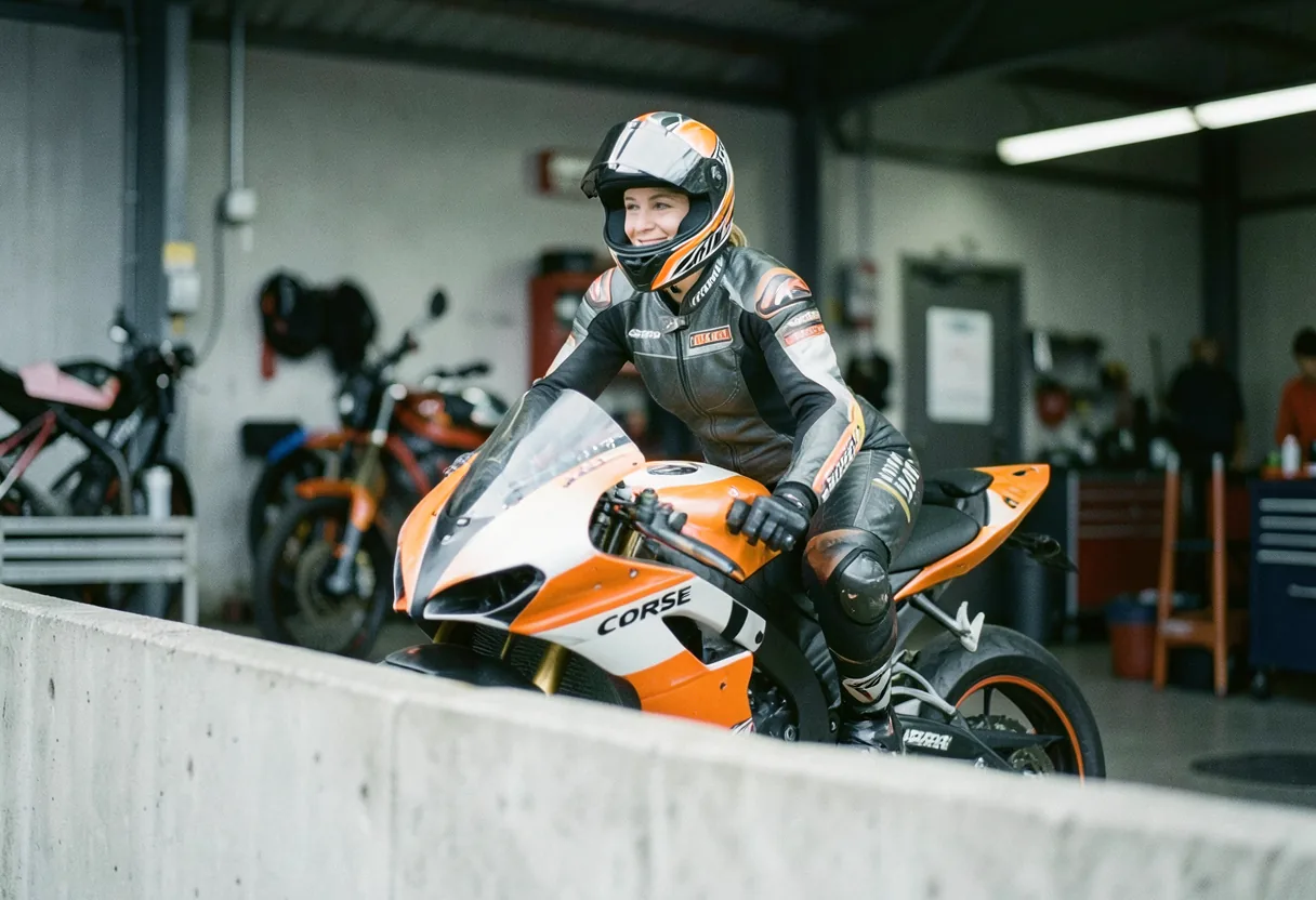 Grace Webb on her GP Corse R, muted tones, soft lighting, British Superbike rising star.