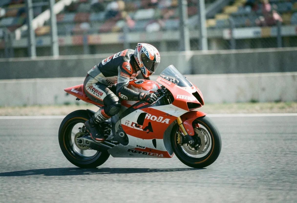 Marc Marquez leans into a corner on his racing bike, helmet and leathers on.