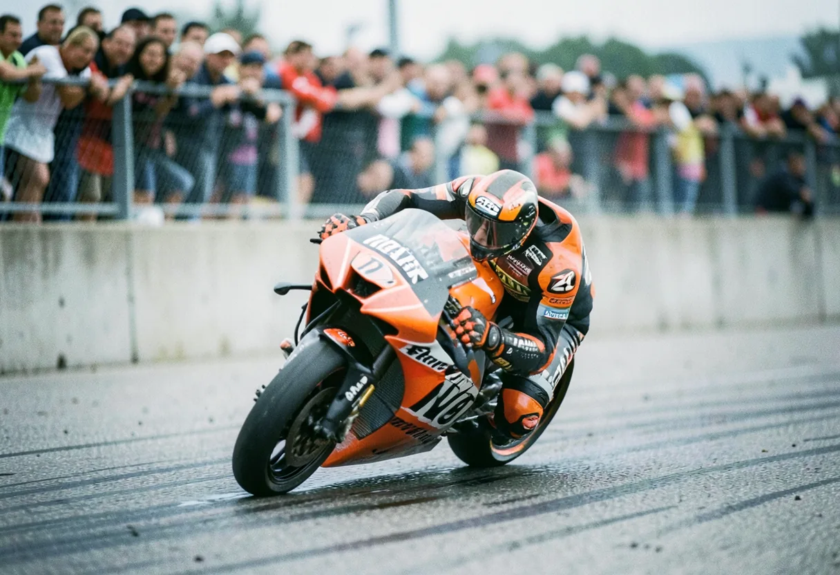 Mark Márquez leaning into a corner on his Repsol Honda RC213V, muted colors.