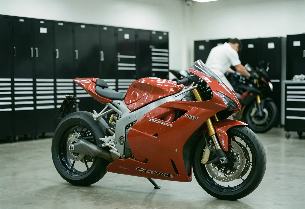 Ducati GP Corse R Spec motorcycle under soft, diffused light, service schedules and care guide.