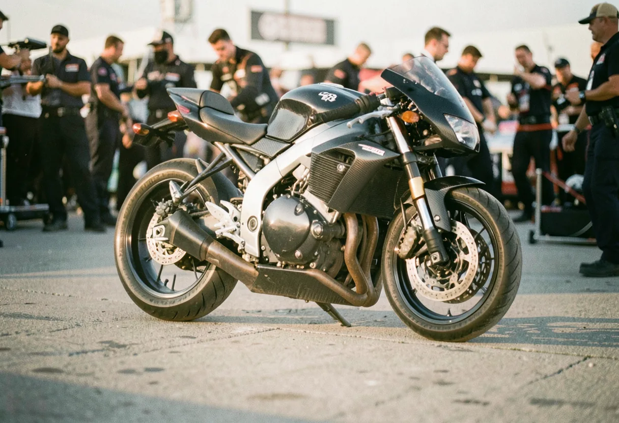 Motorcycle on podium with trophy, Grand Prix winners, championship list.