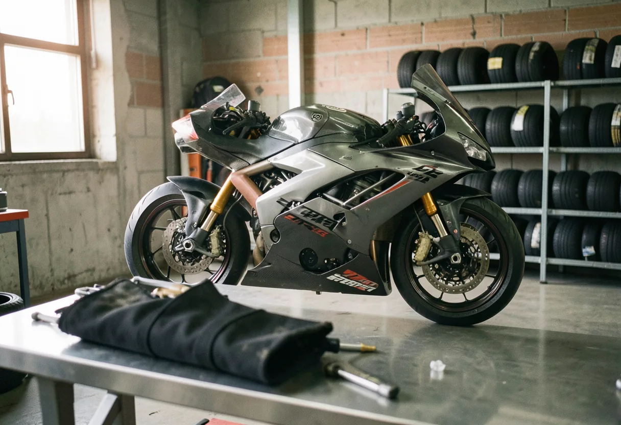 Ducati Panigale superbike in professional racing workshop, muted colors, soft lighting.