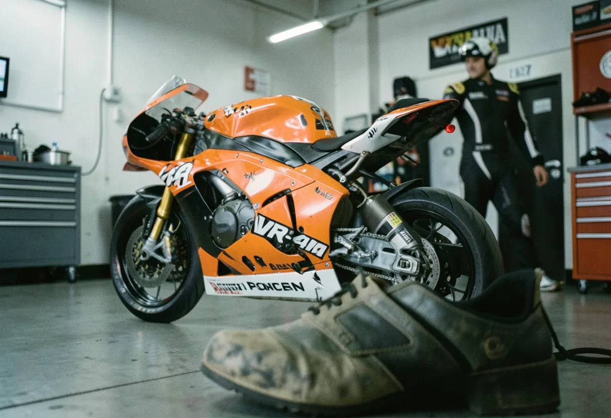 VR-46 Ducati Corse Panigale V4 R race bike, muted colors, soft light.
