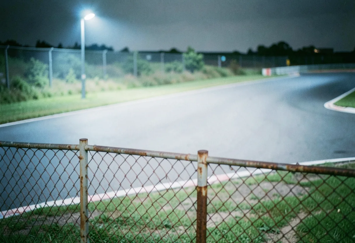 WSBK racetrack under soft light, muted colors, wide shot of the track.