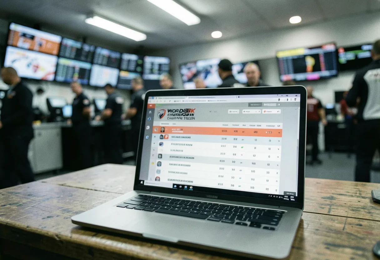 Motorcycle race standings display on laptop screen, WorldSBK Championship Tracker.